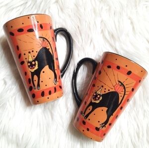 Sharon Bloom Hand Painted Black Cat and Pumpkin Halloween Coffee Mugs